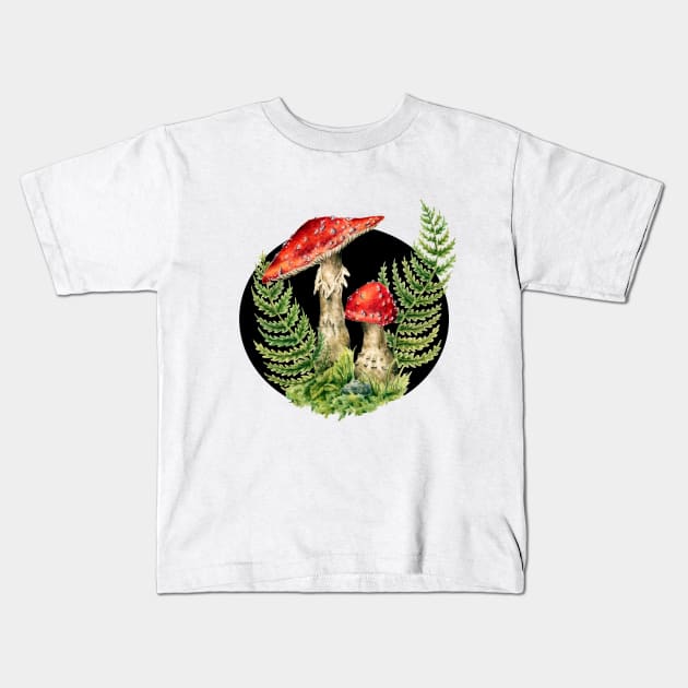 Cottagecore Fairy Mushrooms, Toadstool and Ferns, Fungus Mycology Art, Amanita Muscaria Kids T-Shirt by kaleighdayart